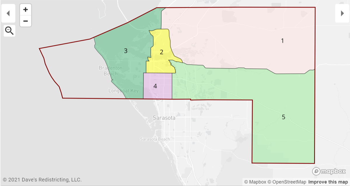 The draft map presented by Charlie Kennedy at the Manatee County School Board’s Oct. 29 workshop on redistricting.