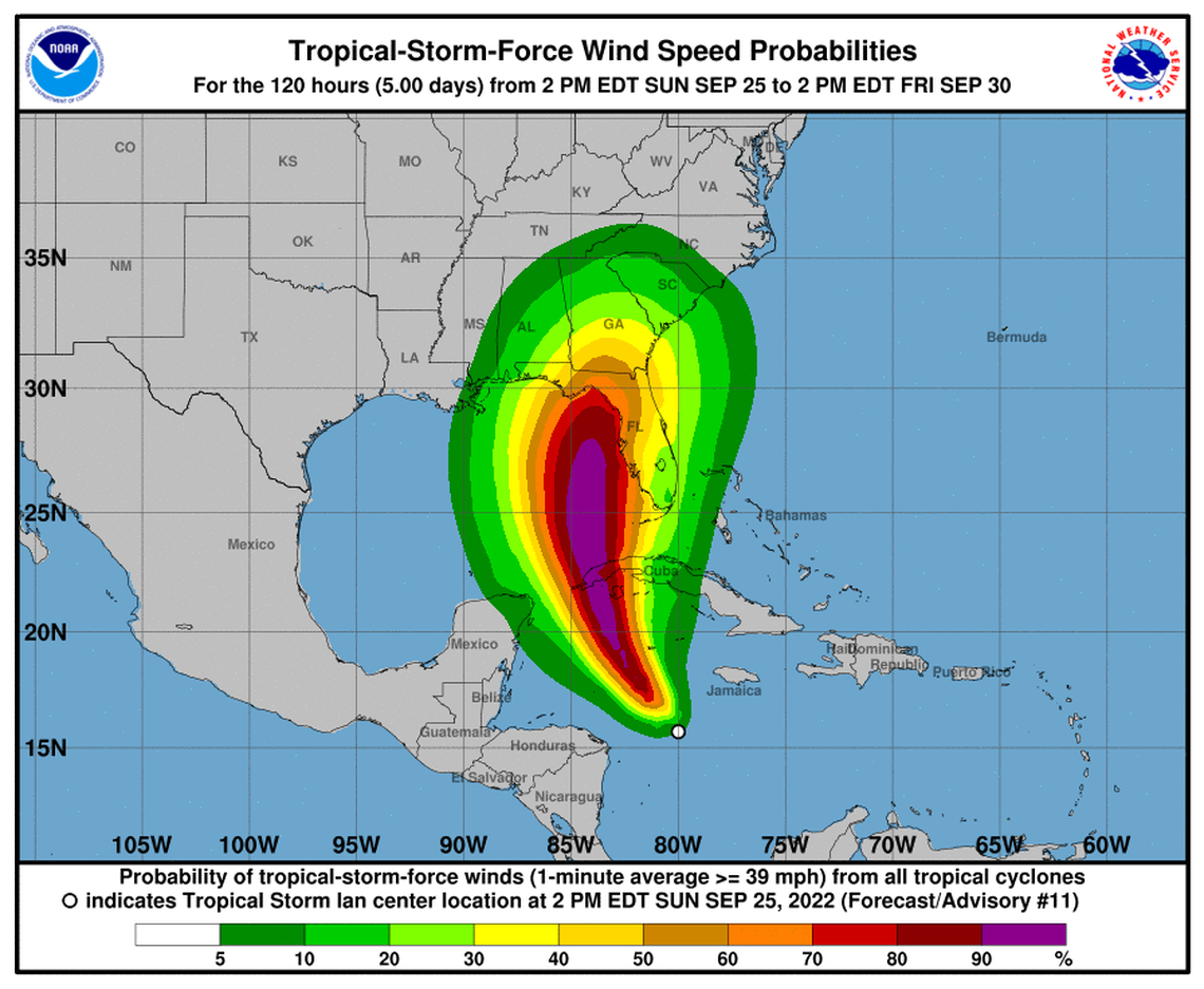 Wind field forecast for Tropical Storm Ian as of 5 p.m. Sunday