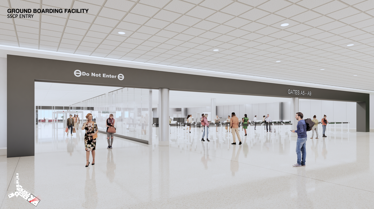 The entryway of the ground boarding facility at Sarasota Bradenton International Airport is shown in this rendering.