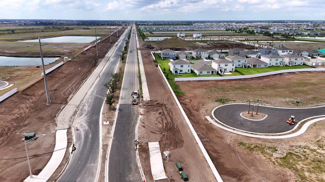 Construction in east Manatee County along Bourneside Road looking south, shown here on May 8, 2025. In 2021, Manatee County officials made controversial changes that allowed developers to start building east of the county’s Future Development Area Boundary, which was meant to limit urban sprawl and protect rural areas.