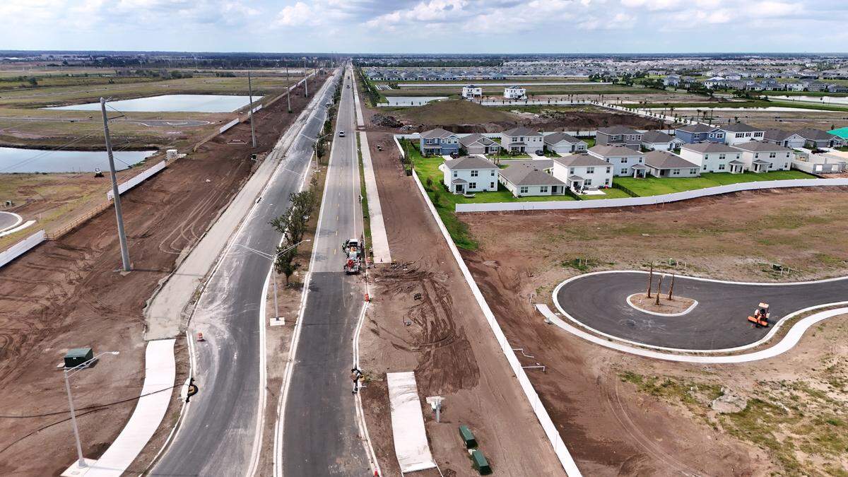 Construction in east Manatee County along Bourneside Boulevard looking south, shown here on May 8, 2025. In 2021, Manatee County officials made controversial changes that allowed developers to start building east of the county’s Future Development Area Boundary, which was meant to limit urban sprawl and protect rural areas.