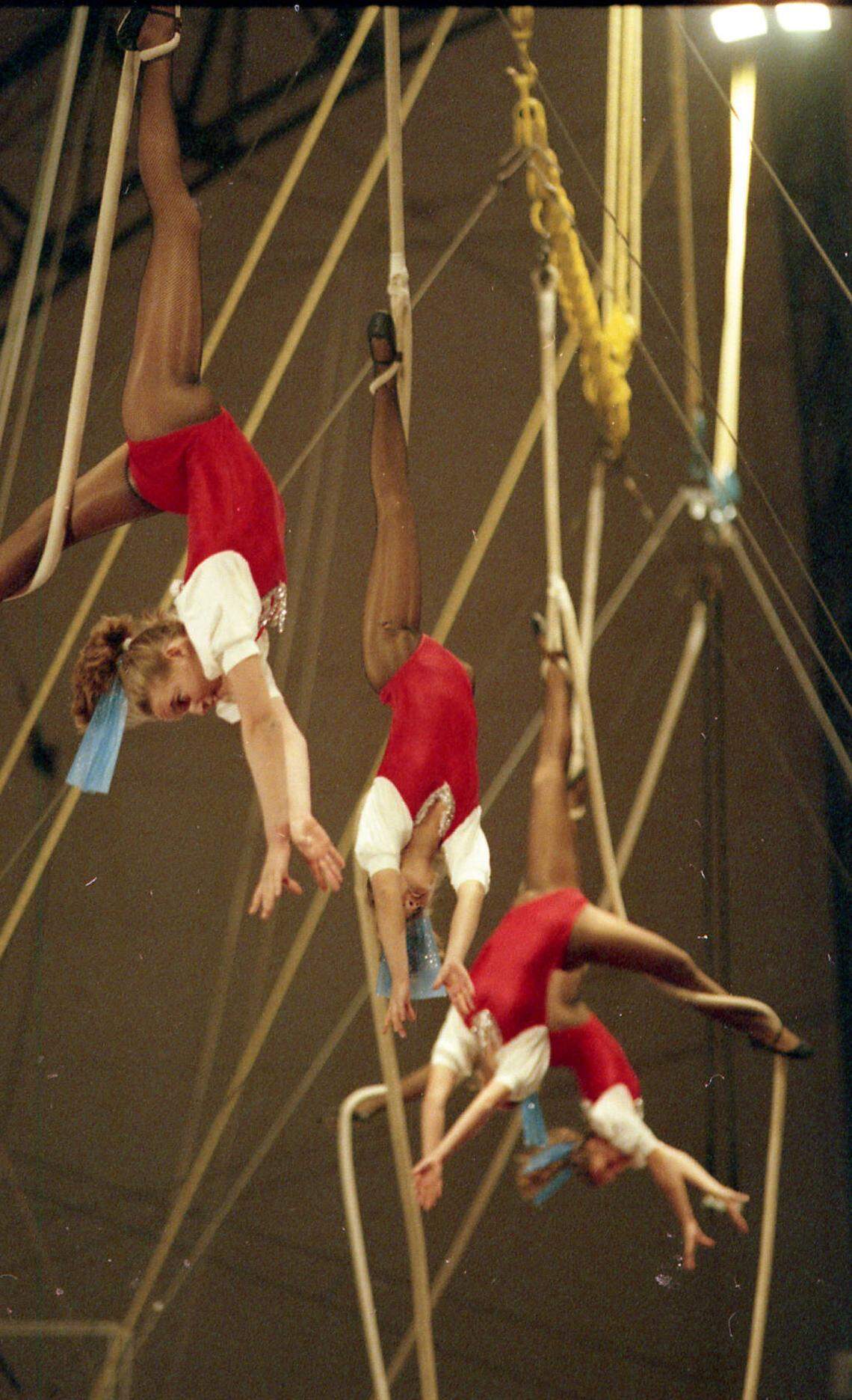 Aerialists perform at a Sailor Circus Academy showcase. The academy is a circus arts training program for 4th-12th grade students operated by The Circus Arts Conservatory of Sarasota.