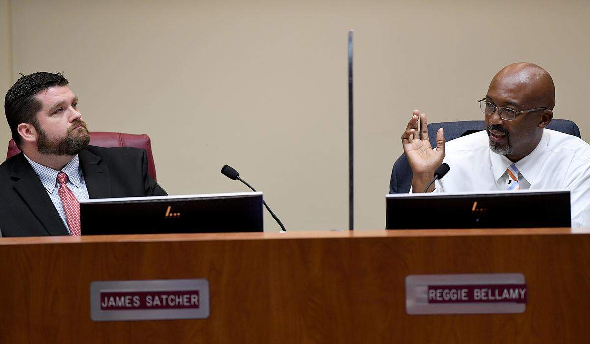 05/11/21—Commissioner James Satcher listens as Commissioner Reggie Bellamy speaks in a meeting where county commissioners voted unanimously, to approve legal fees associated with the suit against Kevin Van Ostenbridge and James Satcher in a public record request.