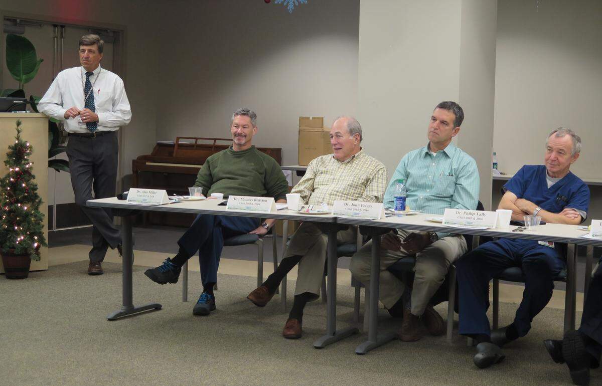 Manatee Memorial Hospital CEO Kevin DiLallo and former chiefs of staff Alan Miller, Thomas Braxton, John Peters and Phillip Tally listen as others gathered for breakfast Wednesday morning recalled their time at the hospital. The anticipated opening of the hospital’s new emergency care center was briefly discussed during the breakfast.