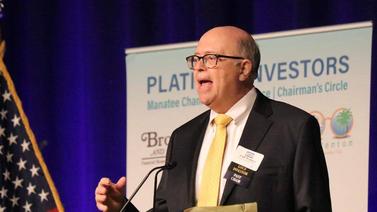 Cliff Walters praised Bob Blalock for his many accomplishments and living his life with honor and integrity. Blalock received the sixth-annual Robert P. Bartz Award for Outstanding Leadership Thursday night, Feb. 2, 2023, during the Manatee Chamber of Commerce 60th annual dinner.