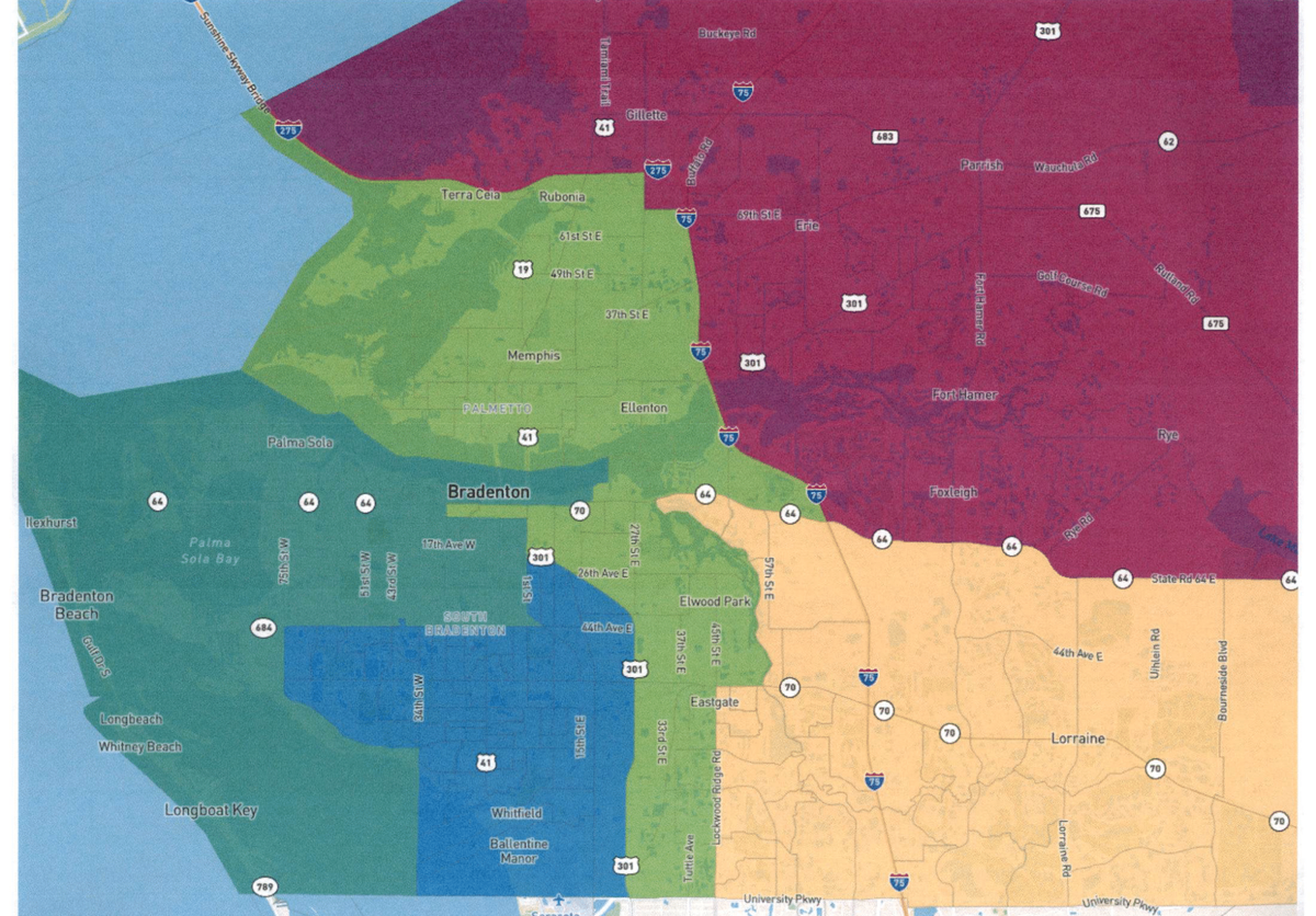 The draft map presented by Chad Choate at the Manatee County School Board’s Oct. 29 workshop on redistricting