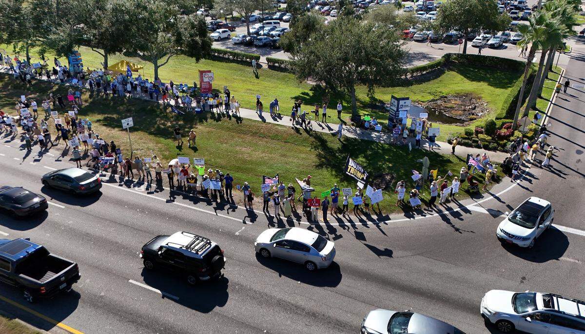 Thousands attended the No Kings protest organized by Indivisible Manatee near the University Town Center along University Parkway in Sarasota during one of the hundreds of rallies held across the country on Saturday, Oct. 18, 2025.