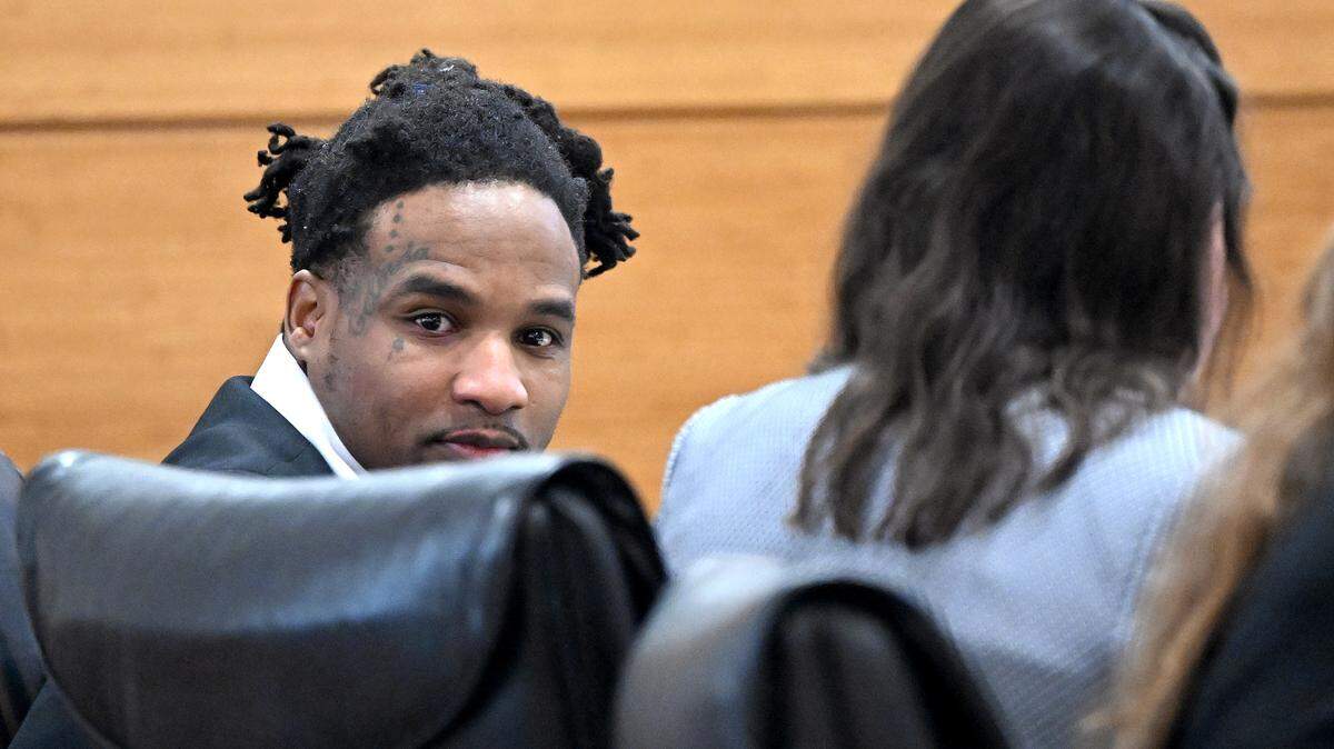 Troy Davis Sr. sits with attorneys on the second day of his trial for second-degree murder in the death of Luis Roblero in 2020 at the Manatee County Judicial Center on Thursday, Oct. 26, 2023.