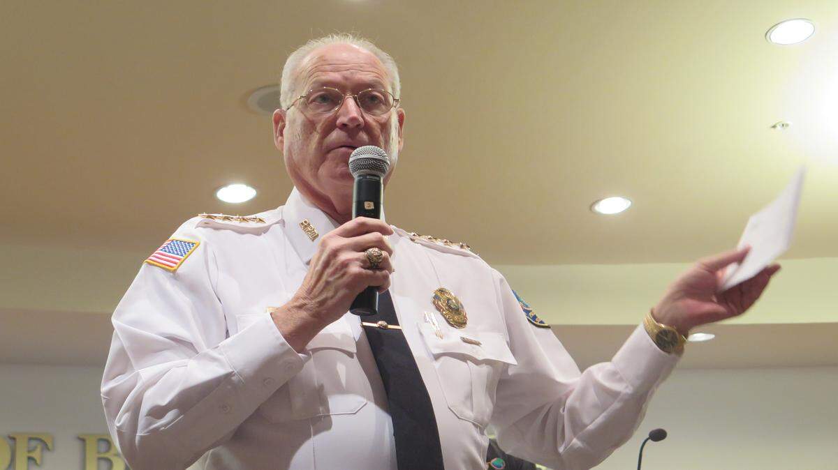 Bradenton police Chief Michael Radzilowski speaks to a crowd in September at Bradenton’s City Council chambers.AMARIS CASTILLO/Bradenton Herald