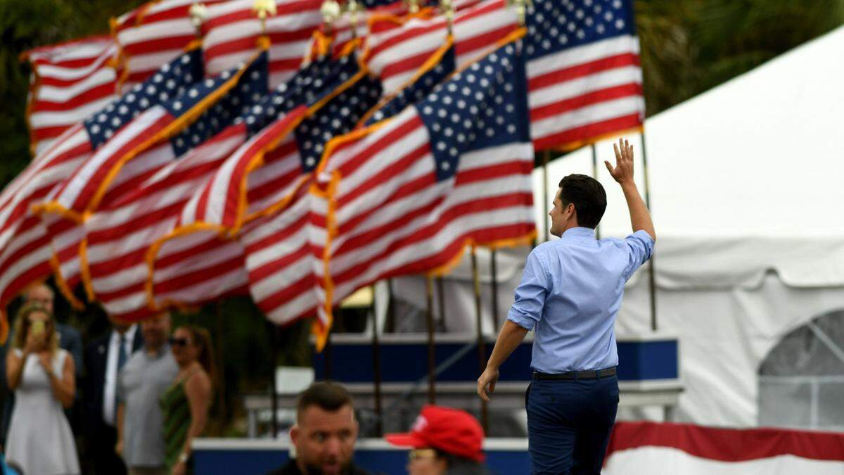 07/03/21—Matt Gaetz waves after addressing Trump supporters at a Save America Rally at the Sarasota Fairgrounds.