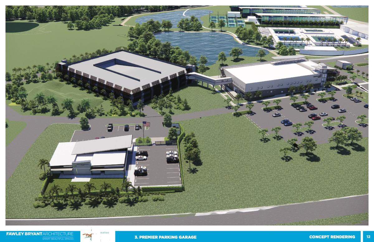 A rendering shows how the proposed 600-space parking garage at Premier Sports Campus in Lakewood Ranch could look. Manatee County officials said they would prefer the garage to be in a centralized location on the property, however.
