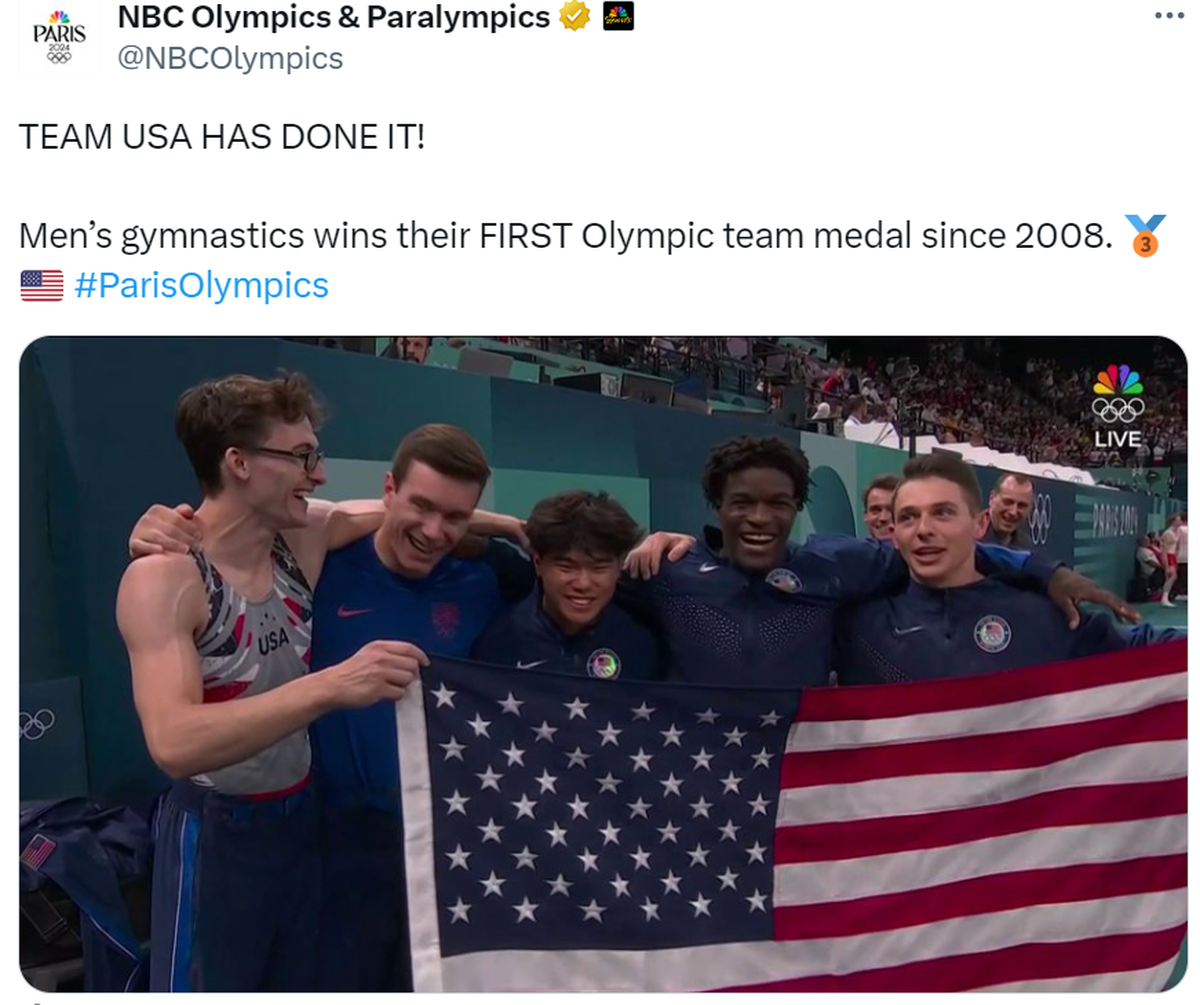 Brody Malone (second from left) and Stephen Nedoroscik (far left) helped Team USA win the men’s team gymnastics bronze medal at the 2024 Paris Olympics on Monday, July 29, 2024. The two train at Evo Gymnastics in Manatee County.
