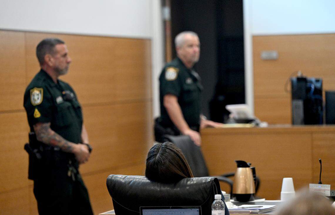 Ashley Benefield slumps in her seat after taking the witness stand on the fourth day of her trial for the second-degree murder of her husband, Doug Benefield, in 2020 at the Manatee County Judicial Center, July 26, 2024.