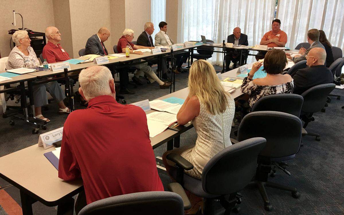 Fourteen members of the Citizens’ Financial Oversight Committee discuss future steps at its June 19, 2018, meeting.