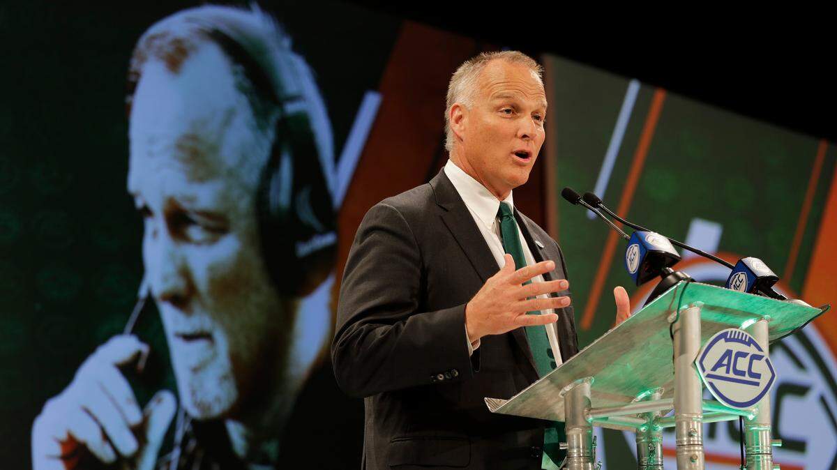 Miami head coach Mark Richt answers a question during a news conference at the NCAA Atlantic Coast Conference college football media day in Charlotte, N.C., Wednesday, July 18, 2018.