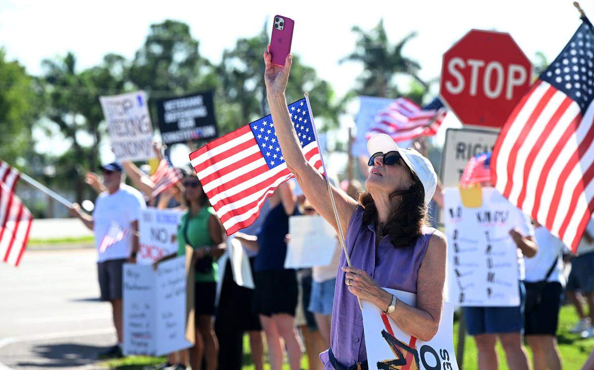 Hundreds attended the No Kings protest organized by Indivisible Manatee near the University Town Center along University Parkway in Sarasota on June 14, 2025.