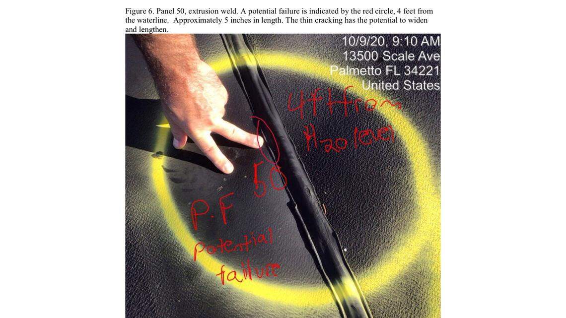 Since July, site operators at Piney Point have repeatedly warned the Florida Department of Environmental Protection about “critical” tears in the liner of the New Gypsum Stack South pond, which holds an estimated 480 million gallons of water. In this October 9, 2020 photo, operators point to a “potential failure” in the liner, noting that it “has the potential to widen and lengthen.” The tears have been repaired but are evidence of the liner’s overall instability.