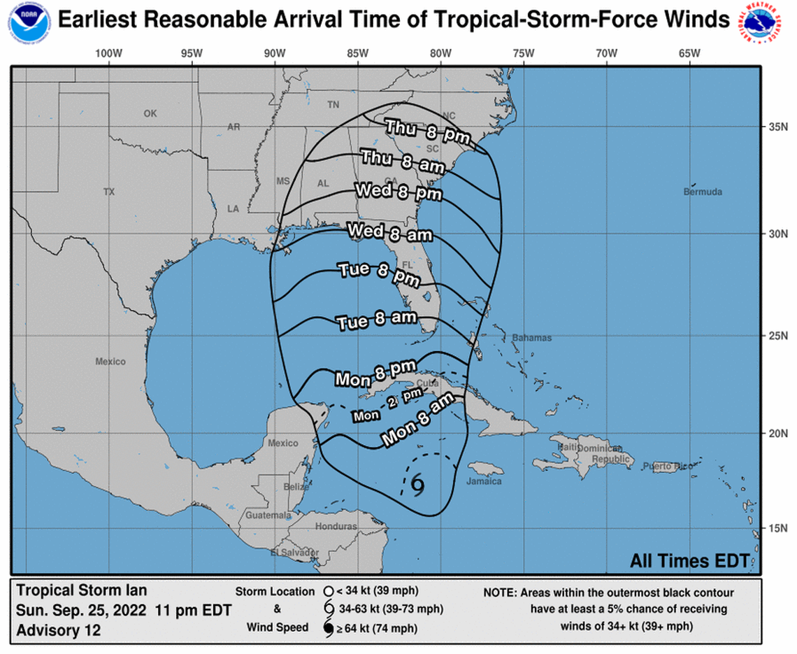 Arrival times of tropical storm-froce winds for Tropical Storm Ian as of 11 p.m. Sunday