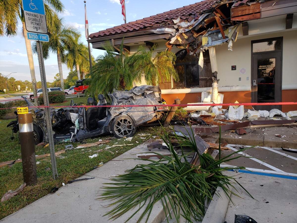 12/20/20--A Sarasota man was critically injured when his car launched into the air and crashed into Southern Manatee Fire & Rescue station at 7301 Honore Avenue in south Manatee County. 