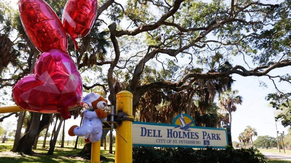 A memorial at Dell Holmes Park in St. Petersburg is dedicated to 2-year-old Taylen Mosley on Saturday, April 1, 2023, in St. Petersburg.