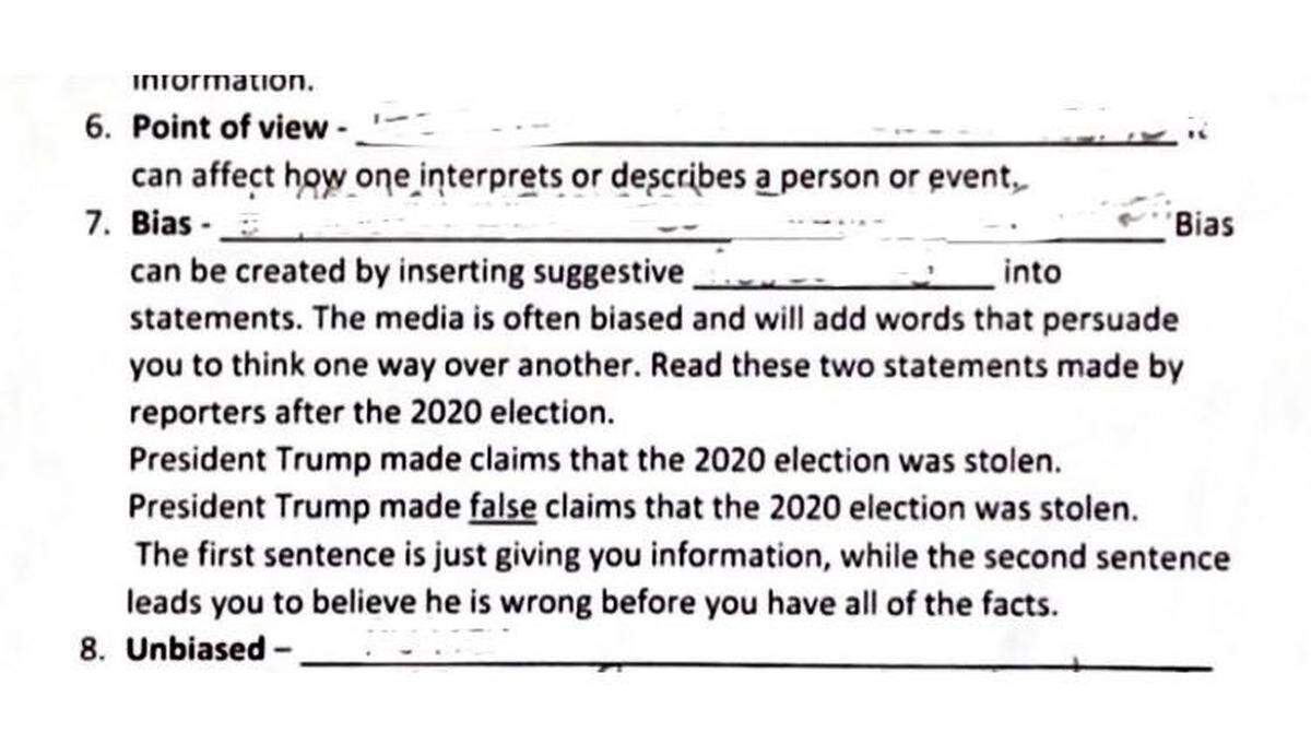 A viral social media post claims to show an assignment from Bradenton’s Nolan Middle School on media bias that makes reference to former President Donald Trump’s false claims that the 2020 election was stolen. School District of Manatee County officials are investigating.