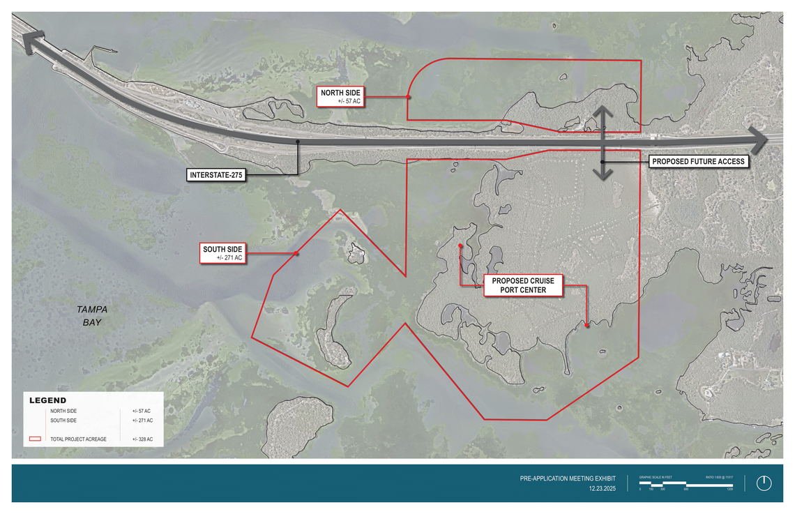 A map filed by Slip Knott LLC with Manatee County Government shows the proposed site of a cruise ship port east of the Sunshine Skyway Bridge and within the Terra Ceia Aquatic Preserve, a protected natural area.