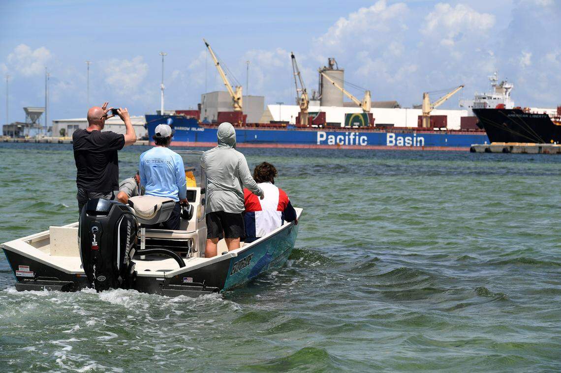 04/01/21--Waterkeepers, an organization that advocates for the protection of local waters takes a group of media for a tour of the area at Port Manatee. A leak at Piney Point has led to millions of gallons of contaminated water being released into the waters at Tampa Bay at Port Manatee. Representatives of the Florida D.E.P. and HRK Holdings, the company that owns Piney Point briefed the Manatee Board of Commissioners.