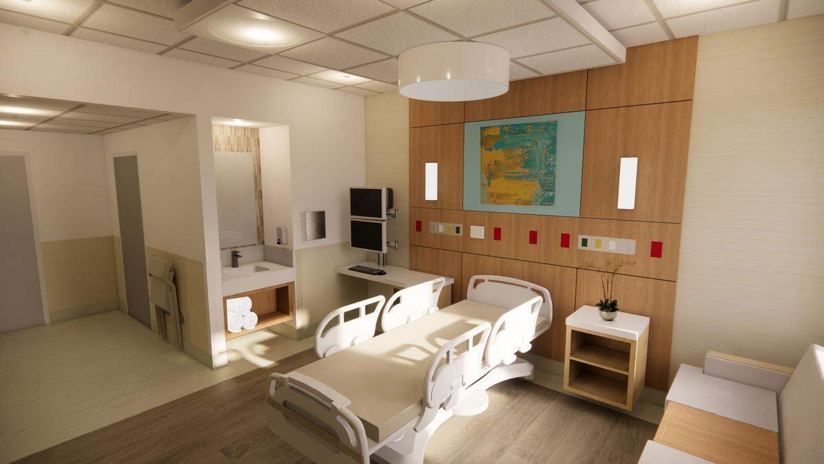 Women’s Center patient rooms at Lakewood Ranch Medical Center are being renovated to provide the feel of a hotel room, with upgraded head wall finishes and furniture, large televisions and the option to hide or disguise clinical aspects of the room.