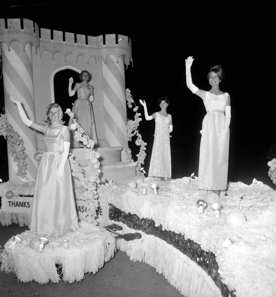 De Soto Parade float. Left to right: Patty Purinton, Toni Turbeville, Claire Randle and Daphne Boyd in 1964-65.