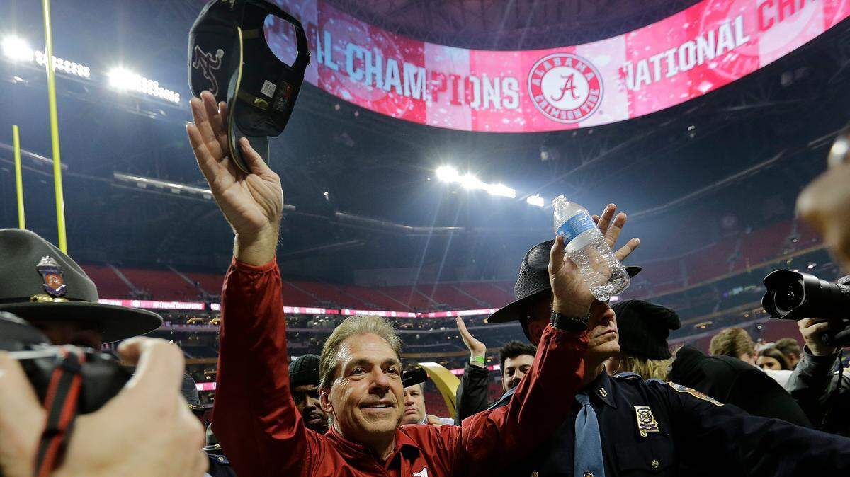 In this Jan. 8, 2018, file photo, Alabama head coach Nick Saban celebrates after overtime of the NCAA college football playoff championship game against Georgia, in Atlanta. More than a decade after Nick Saban took over as the coach of Alabama, the rest of the Southeastern Conference is still trying to figure out how to consistently beat him.