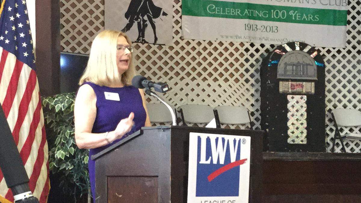 Turning Points Executive Director Adell Erozer addresses a crowd of about 50 people on Monday on the topic of homelessness, specifically the growing number of homeless women with children. The League of Women Voters of Manatee County hosted the event at the Bradenton Woman's Club. MARK YOUNG/Bradenton Herald