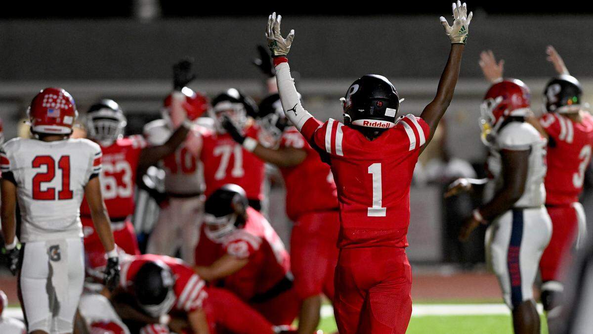 Palmetto’s Dylan Wester celebrates a score against Manatee on Friday, Oct. 27, 2023 in Palmetto.