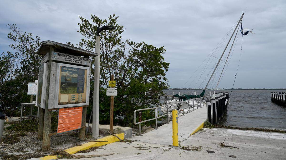 A sailboat drifted into the South Coquina Boat Ramp in Bradenton Beach after Hurricane Milton on Anna Maria Island on Oct. 11, 2024.