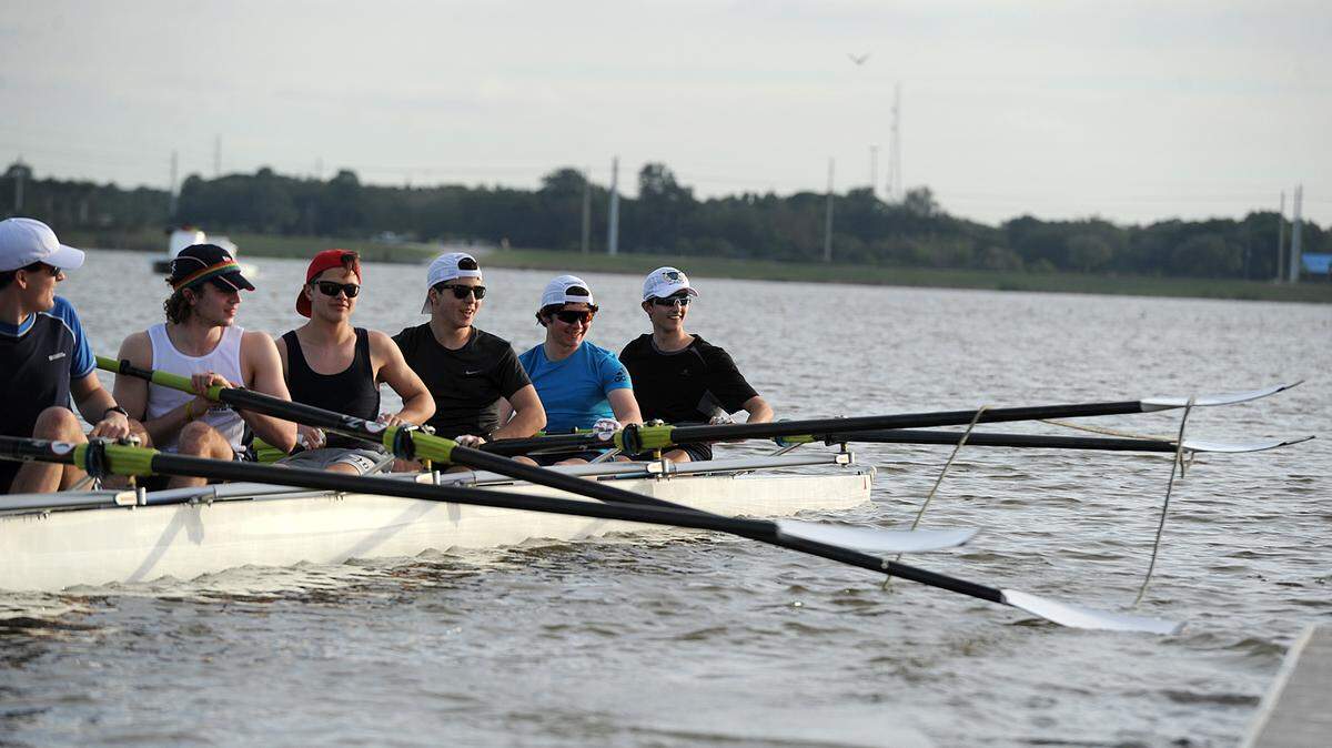 The Eton College rowing team, actually high school students, push away from the dock at Nathan Benderson Park Thursday afternoon for training. 
 TIFFANY TOMPKINS-CONDIE/Bradenton Herald