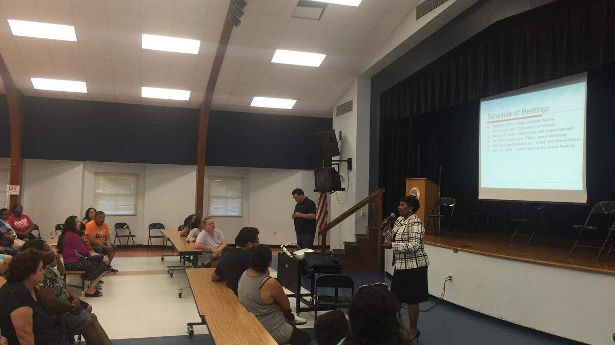 Manatee County School District Superintendent Diana Greene speaks to parents and community members at Orange Ridge-Bullock Elementary School on Monday. The district is proposing to shut the school down. MEGHIN DELANEY / Bradenton Herald