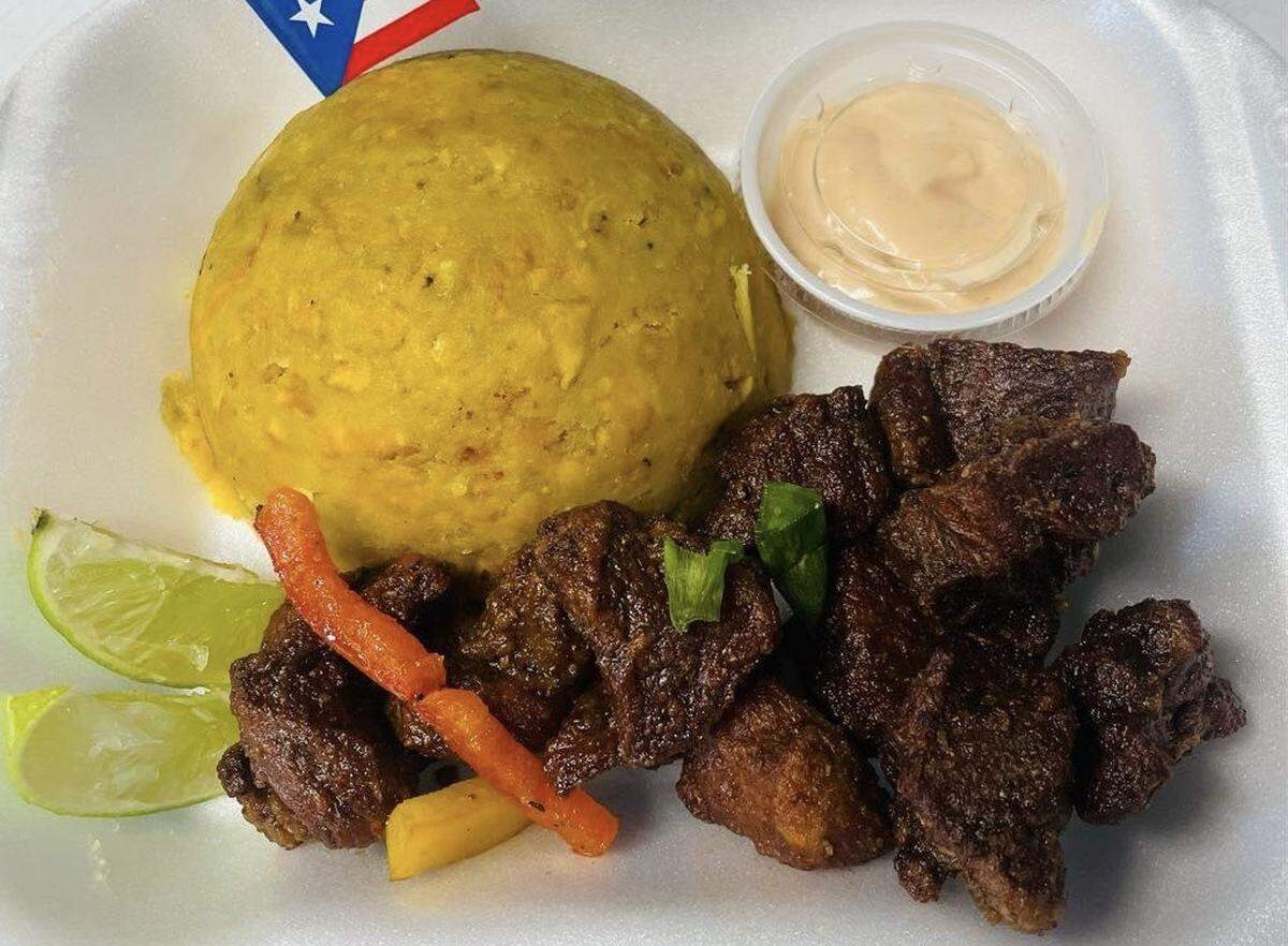 The mofongo carne cedra is mashed green plantains with fried pork. It’s a specialty of Suavezonnn food truck, 3824 U.S. 41 N., Palmetto.