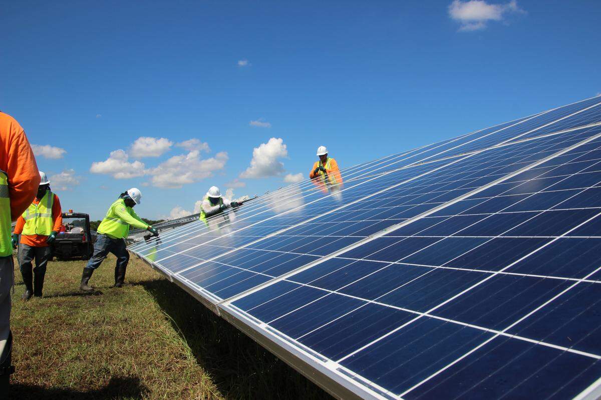 Workers are shown in 2016 working on FPL’s Solar Energy Center in Parrish. The solar field began putting power to the electric grid in 2017.