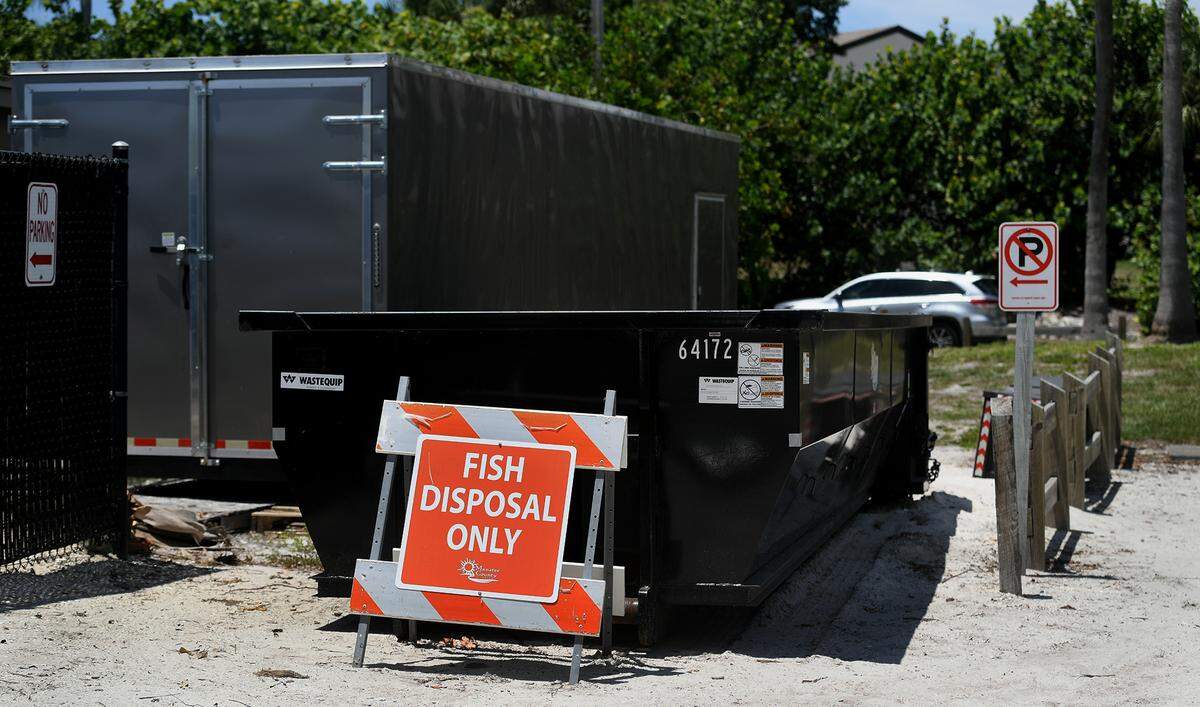 07/21/21—One of several dumpsters designated for dead fish is in the parking lot at the Manatee Public Beach, but only had a few beer cans in it. As a red tide bloom impacts Anna Maria Island, Manatee County Government staff are monitoring by air, land and sea. Local impacts from the bloom have been mild so far but could get worse.