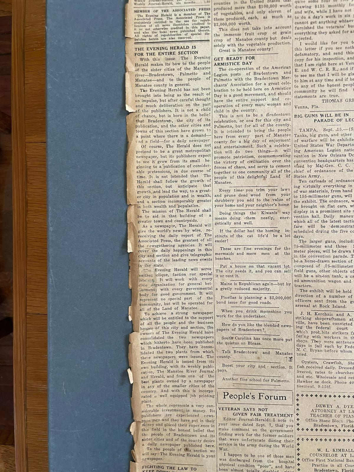 The very first edition of The Evening Herald, now the Bradenton Herald, was published Sept. 15, 2022, and includes an explanatory introduction on the second page. Historic front pages can be seen in person at the Manatee County Historical Records Library in downtown.