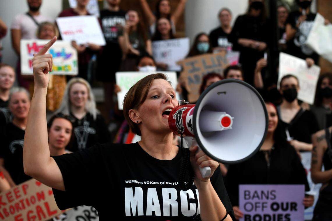 Activist Kimberly Cox and over a hundred other people joined a march and rally organized by Women’s Voices of SW Florida to support women’s rights to choose abortion on May 4, 2022. The group met at the Central Library and marched to the Historic Courthouse.