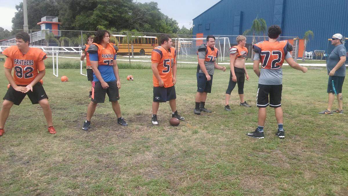 Bradenton Christian coach Dan Fort, whose team played in two playoff games in 2017: “We feel like the future is ahead for us. We’re not there yet, but we’re moving in the right direction.” Shown are lineman Logan Kliewer, Leo Campbell, George Tessmer, Grason Chatt and Daniel Hedden.