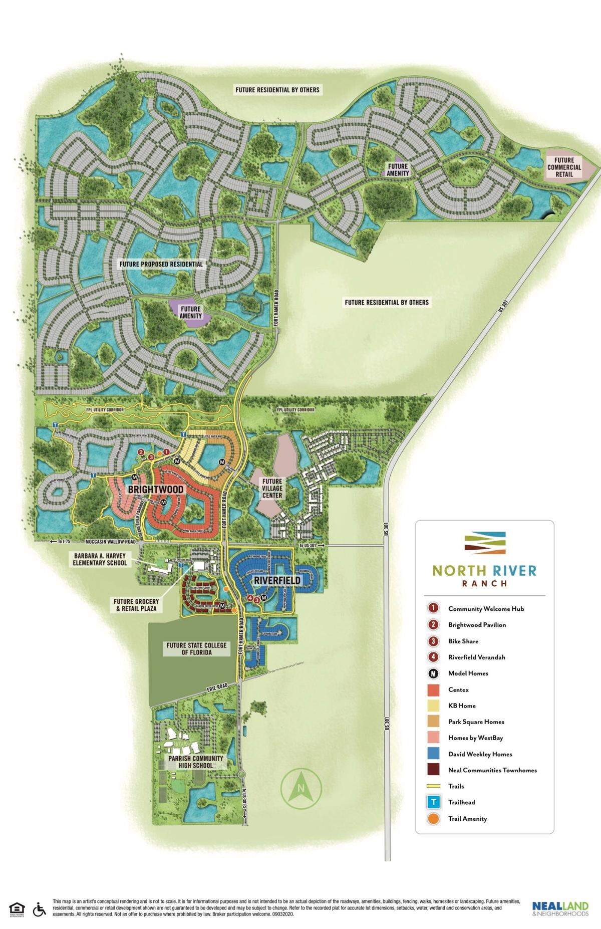 The master site map for North River Ranch in Parrish shows that the most intensive initial development is along both sides of Moccasin Wallow Road, including the first two neighborhoods, a planned village center and two retail plazas.