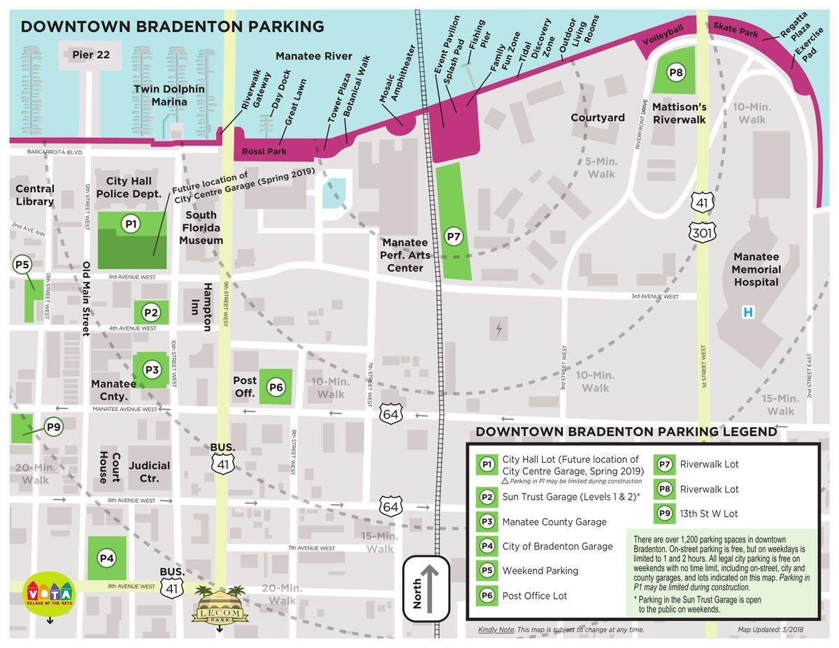 Bradenton parking map. Parking in front of Bradenton City Hall (P1) is currently unavailable due to construction.