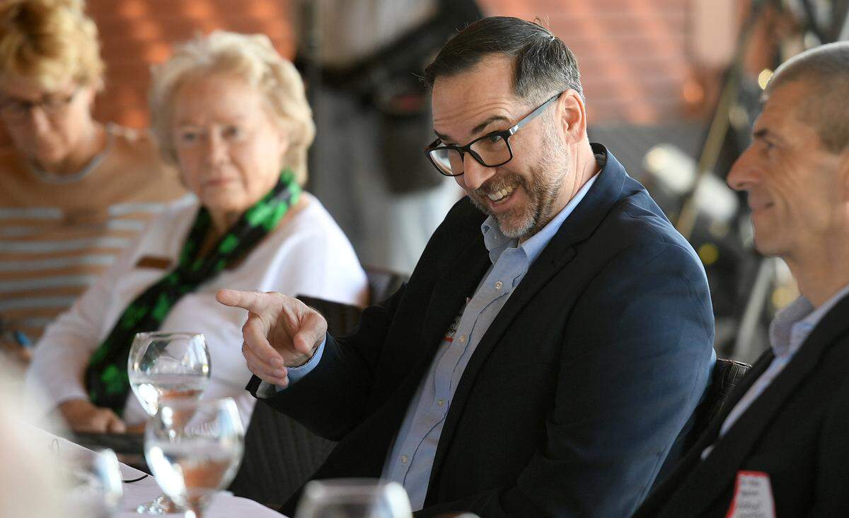 Ed Sherwood of the Tampa Bay Estuary Program participates during a roundtable discussion on increased levels of red tide in the Southwest Florida at the Beach House Restaurant in Bradenton Beach Friday.