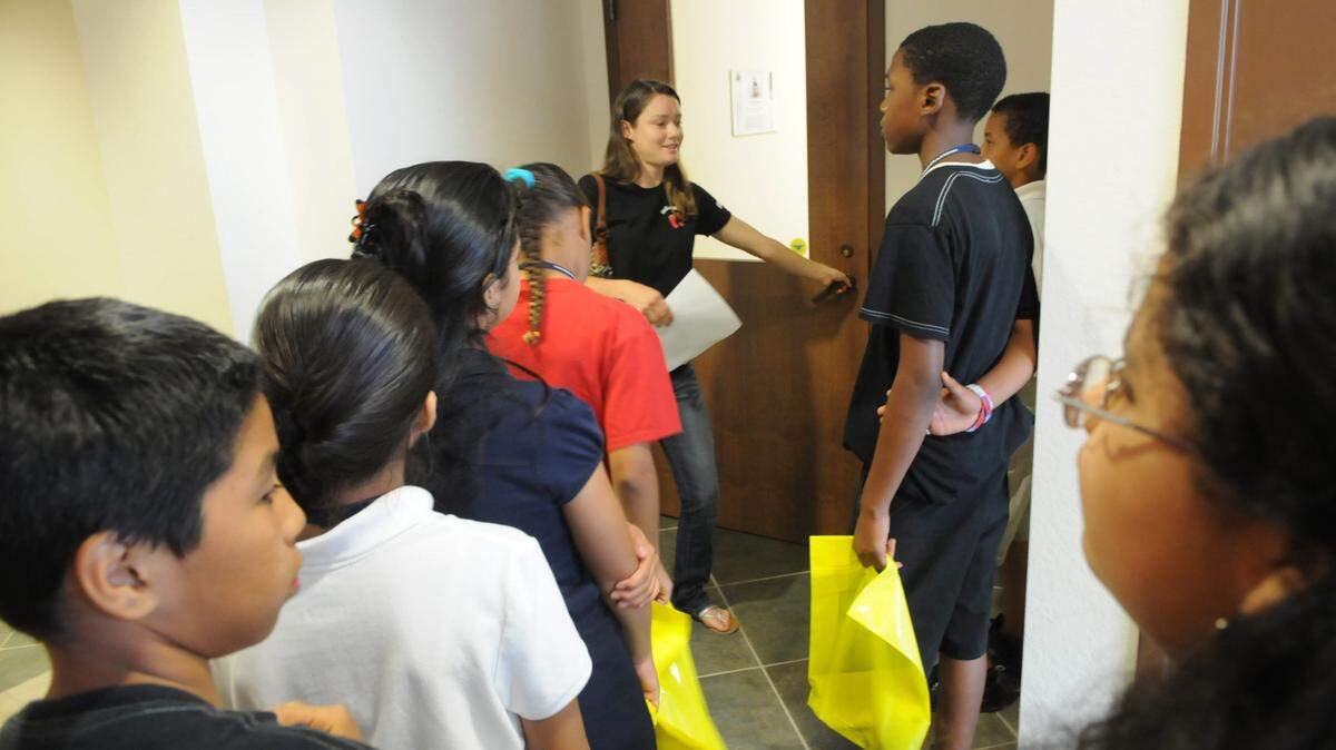 GRANT JEFFERIES/gjefferies@bradenton.com  
Daughtrey Elementary School students learn about the value of higher education and the different programs offered during a tour of the University of South Florida Sarasota-Manatee campus on Friday.
