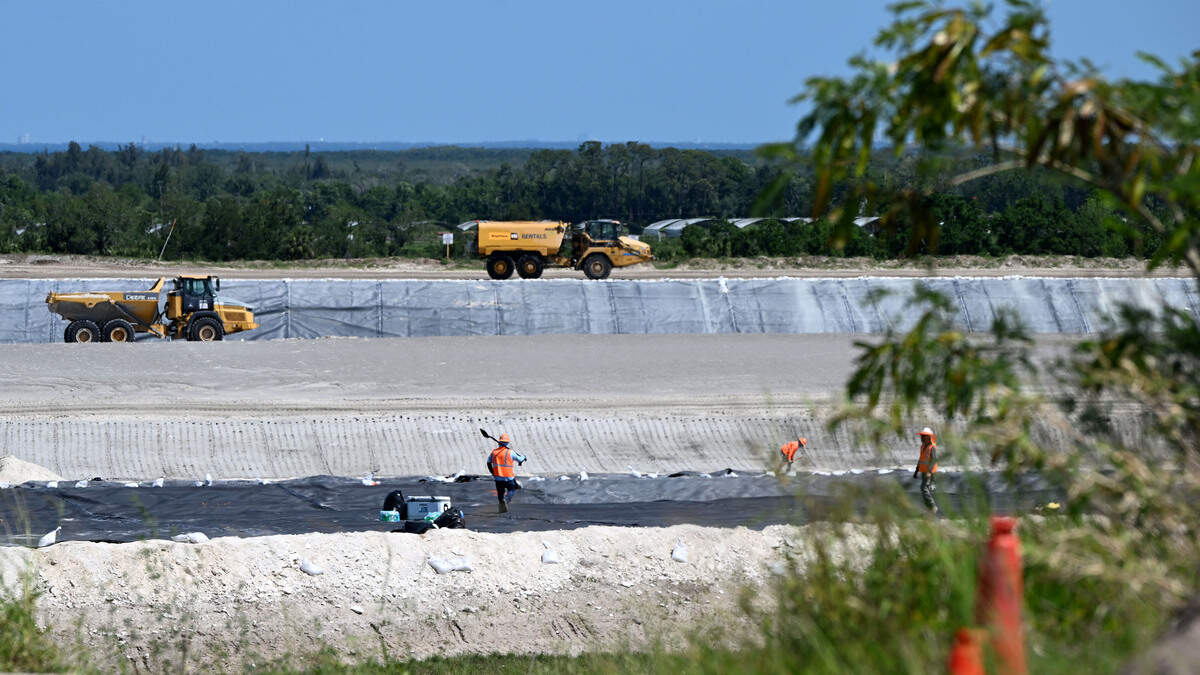 Work continues on closing New Gypsum Stack North. Site operators at Piney Point hope to be in the final phase of closing the former phosphate plant, shown on April 15, 2026.