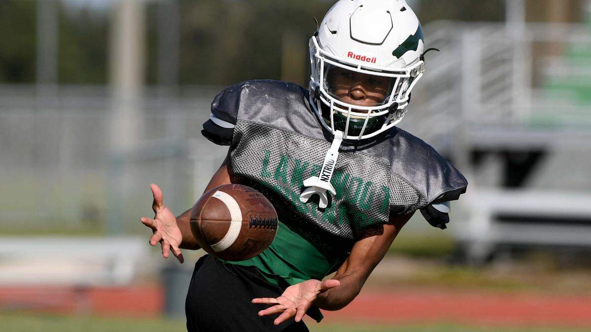Cullin McRae at Lakewood Ranch High football practice at the stadium field Monday afternoon.