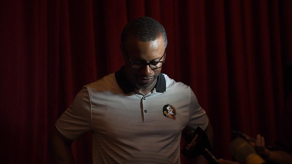 Coach Willie Taggart of FSU speaks to media and fans at the Mertz Theatre in Sarasota on a bus tour Monday night.