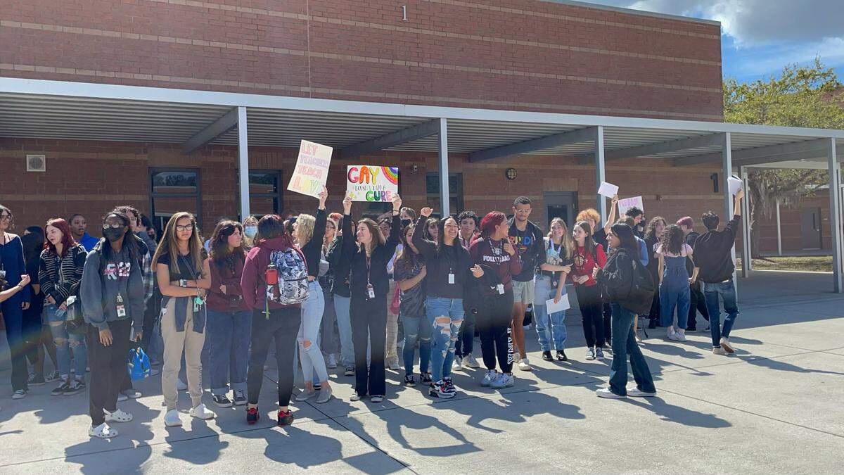 At least 30 students at Braden River High School participated in a walkout demonstration on March 3, 2021, against the “Don’t Say Gay” bill in the Florida Legislature that would limit discussion of gender identity and sexuality in public schools.