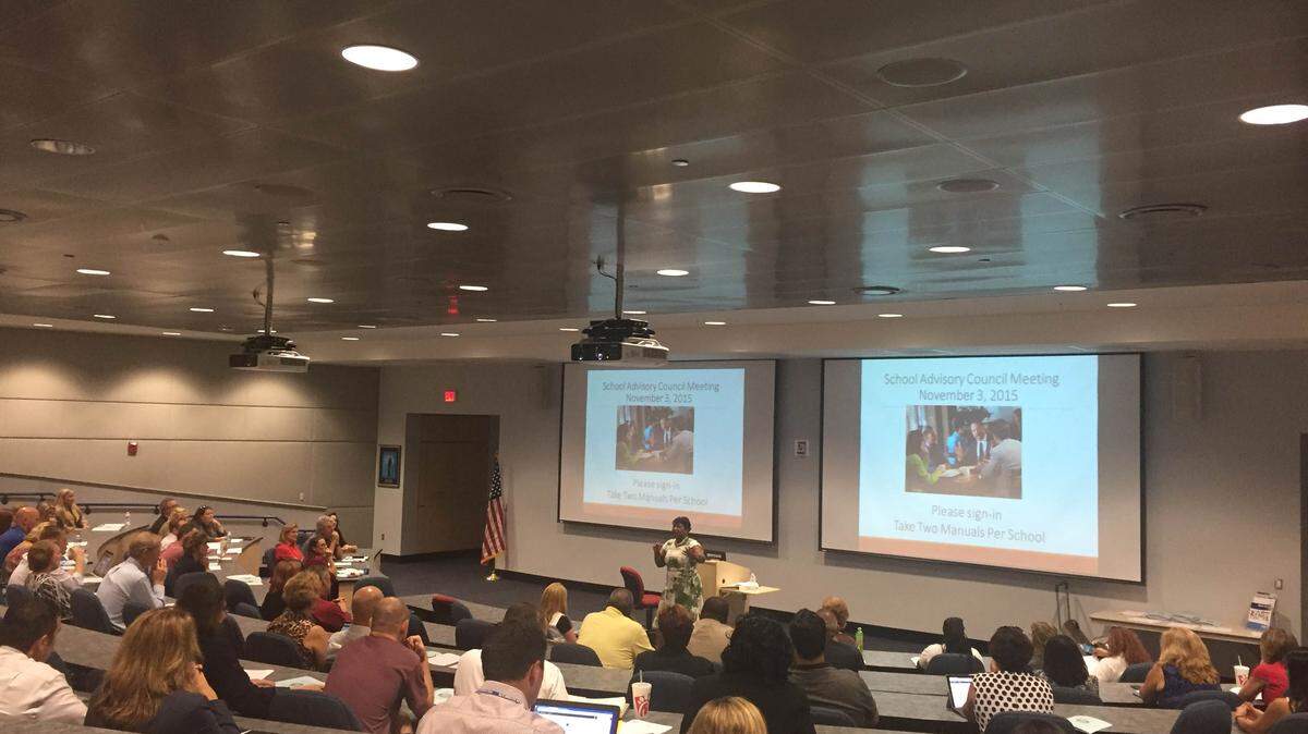 Manatee County School District Superintendent Diana Greene speaks to district principals and school advisory council members during a training session on Tuesday at Manatee Technical College.MEGHIN DELANEY / BRADENTON HERALD